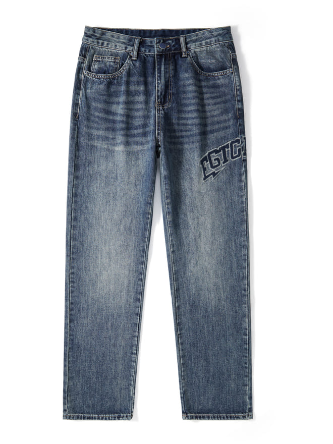 Straight-leg jeans in mid-blue washed denim with a printed graphic on the thigh