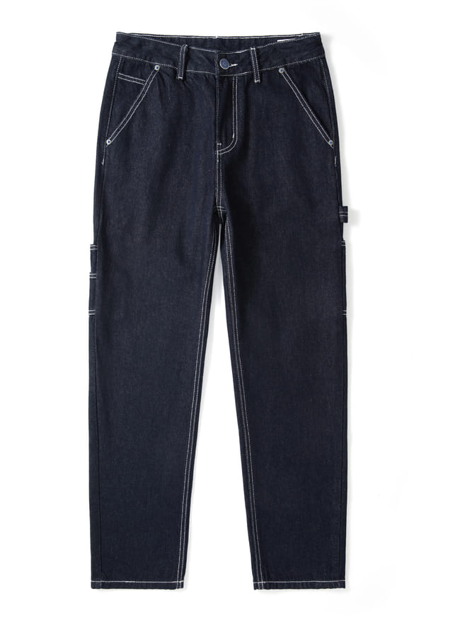 Wide-leg carpenter jeans in dark indigo denim with contrast topstitching